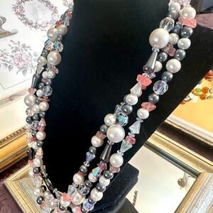Elegant Pink and Silver Multi-Strand Necklace with Pearls